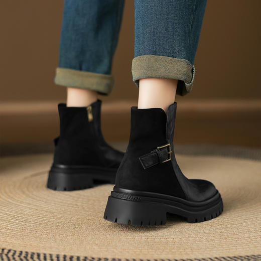 阿么手工女鞋小众厚底复古拼接短靴皮带扣新款秋冬棕色时装靴5CM 商品图3