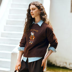 OLrain欧芮儿2025秋新款趣味绣花落肩袖毛针织衫套头上衣羊毛衫女