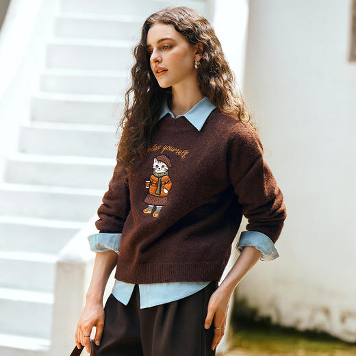 OLrain欧芮儿2025秋新款趣味绣花落肩袖毛针织衫套头上衣羊毛衫女 商品图0