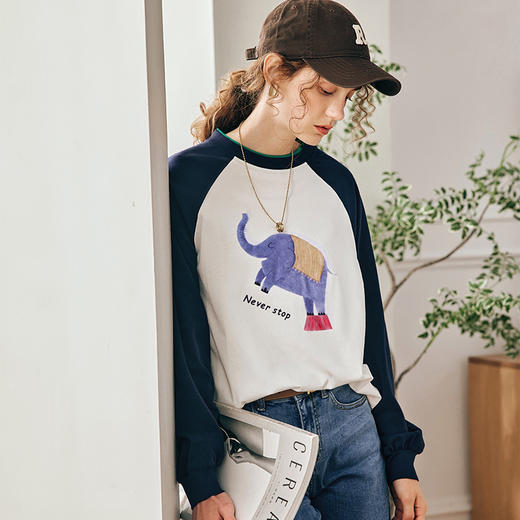 OLrain欧芮儿法式长袖T恤女秋季2025年新款卡通大象印花撞色上衣 商品图0