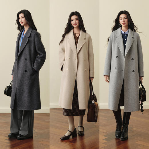 【严选】诗凡黎绵羊毛翻领双排扣毛呢外套2025秋新款赫本风长款双面呢大衣7G8470301 商品图1