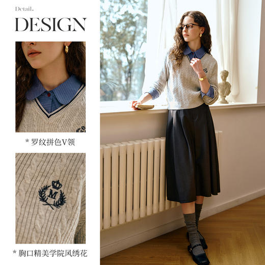 OLrain欧芮儿2025新款学院风V领羊毛混纺针织套头衫修身显瘦上衣 商品图1