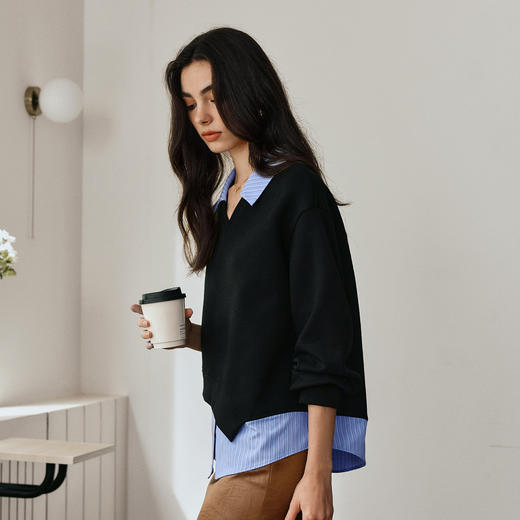 OLrain欧芮儿假两件设计感拼接卫衣女秋季2025新款黑色不规则衬衣 商品图2