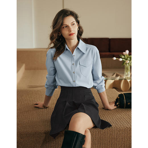 OLrain欧芮儿法式蓝色衬衫女秋季2025年新款宽松减龄通勤长袖衬衣 商品图2