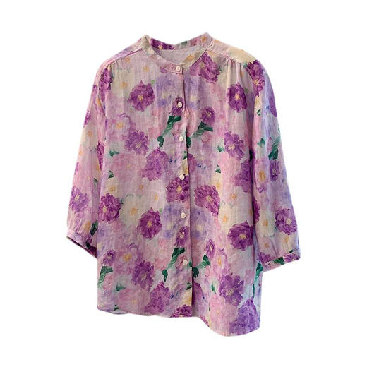 GYH 1370气质紫色花花朵印花上衣休闲气质立领衬衫 商品图4