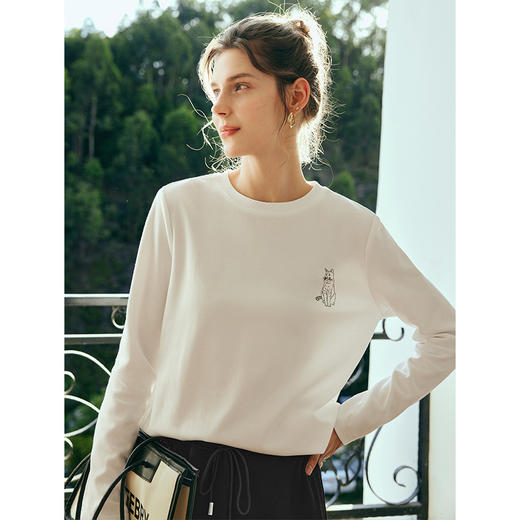 OLrain欧芮儿法式白色长袖T恤女秋季2025年新款宽松趣味水印上衣 商品图2