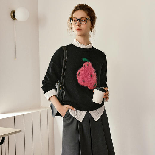 OLrain欧芮儿趣味鸭梨提花毛针织衫2025秋季新款时尚百搭套头上衣 商品图2