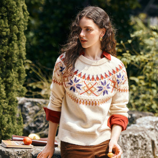 OLrain欧芮儿2025新款女秋季宽松费尔岛复古风圆领套头毛衣针织衫 商品图0