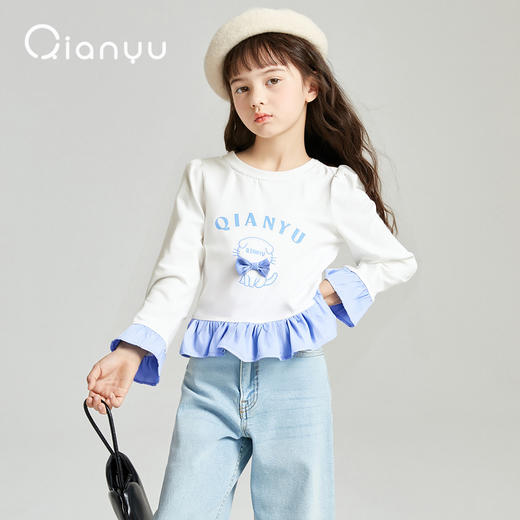 笛莎千与2025秋季新款女童时尚设计感拼接荷叶边长袖T恤 商品图1