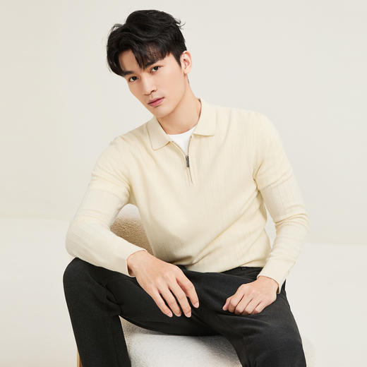 【含羊毛/POLO衫拉链针织】柒牌套头薄翻领毛衫人字纹翻领polo衫129Y70690 商品图1
