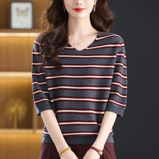 CC 5-6515秋装短袖针织衫显瘦遮肉V领上衣条纹洋气 商品图1