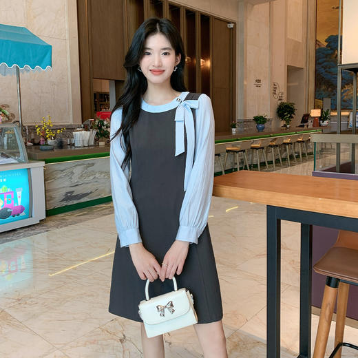 奢姿大码女装2025秋季时尚拼色系带连衣裙胖妹妹气质优雅减龄裙子9953869887 商品图4