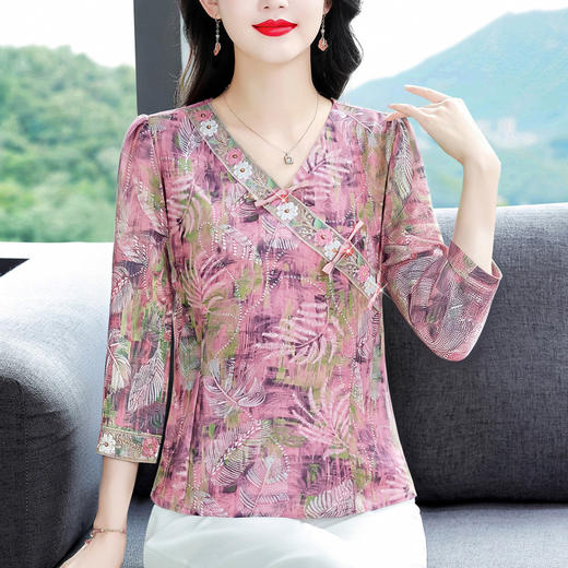 KQL B41N6589复古国风短袖翻领印花宽松显瘦修身大码上衣 商品图3