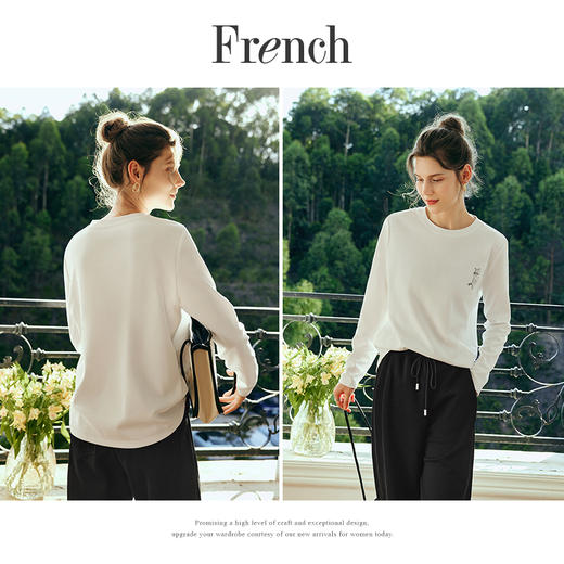 OLrain欧芮儿法式白色长袖T恤女秋季2025年新款宽松趣味水印上衣 商品图1