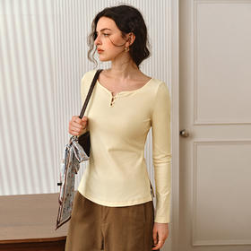 OLrain欧芮儿2025新款女秋季法式温柔设计感弧形领长袖打底T恤