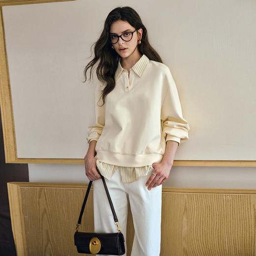 OLrain欧芮儿休闲黄色假两件衬衫领宽松套头卫衣女秋季2025年新款 商品图3
