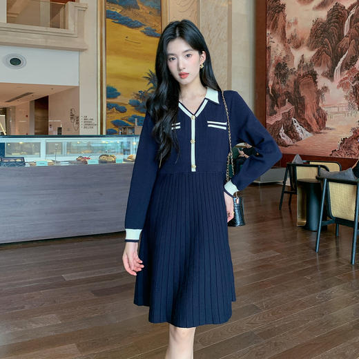 奢姿大码女装2025秋季时尚减龄撞色翻边V领气质简约针织连衣裙9853869908 商品图2