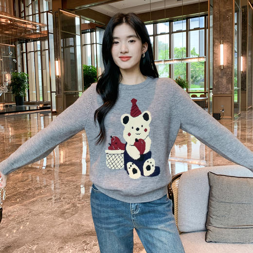 奢姿大码女装2025秋装新款胖妹妹小熊图案圆领套头毛衣时尚上衣9653635193 商品图2