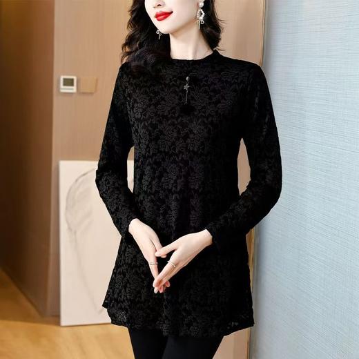 黑色蕾丝打底衫2025新款长袖子加绒加厚内搭中长款裙摆上衣遮肚子 商品图1