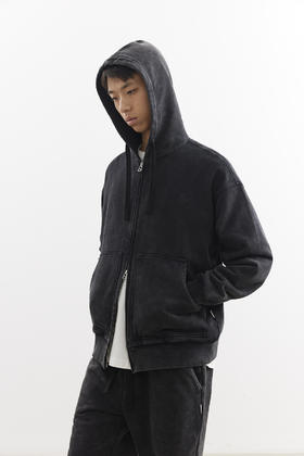 吃茶去chichaqu25重磅洗褪做旧带帽拉链卫衣复古宽松街头休闲运动