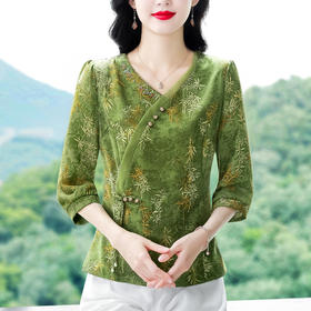 KQL B41N6588复古国风短袖翻领印花宽松显瘦修身大码上衣