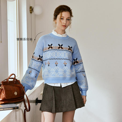 OLrain欧芮儿费尔岛提花套头毛织羊毛衫女秋2025新款宽松慵懒毛衣 商品图0