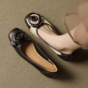 OLD 1300复古风3cm！拼色花朵圆头浅口单鞋真皮休闲平底鞋