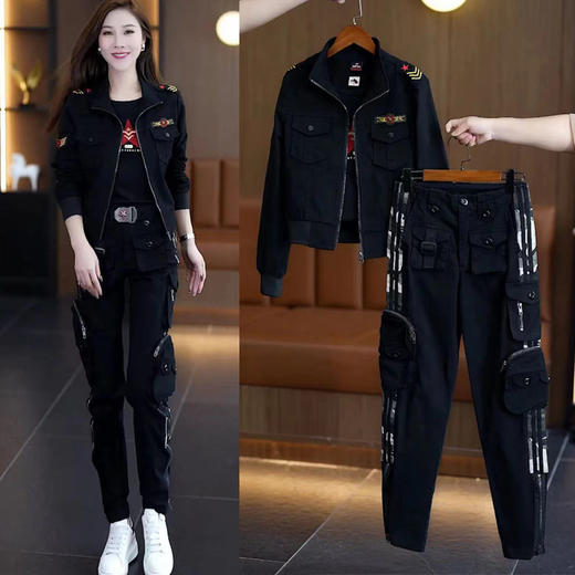 工装裤套装新款迷彩服套装女短外套迷彩工装长裤修身水兵舞服秋装 商品图2