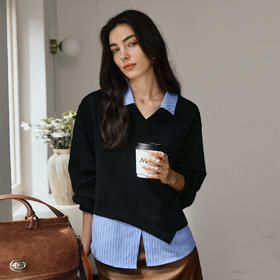 OLrain欧芮儿假两件设计感拼接卫衣女秋季2025新款黑色不规则衬衣