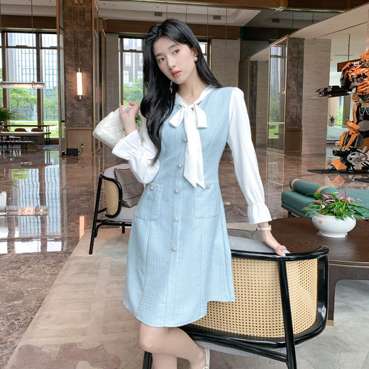 奢姿大码女装2025秋季减龄蝴蝶结V领连衣裙胖妹妹小香风拼接裙子9953853577 商品图2