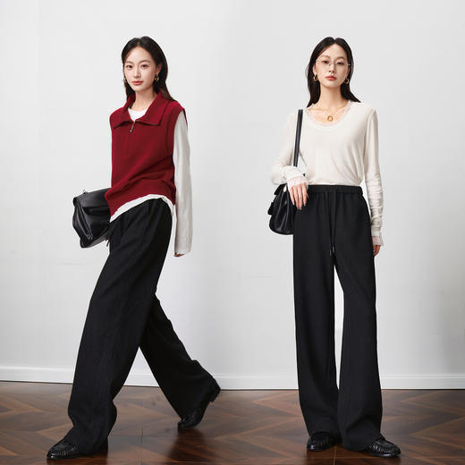 OLrain欧芮儿休闲羊绒醋酸宽松直筒裤女秋季2025新款黑色显瘦裤子 商品图2