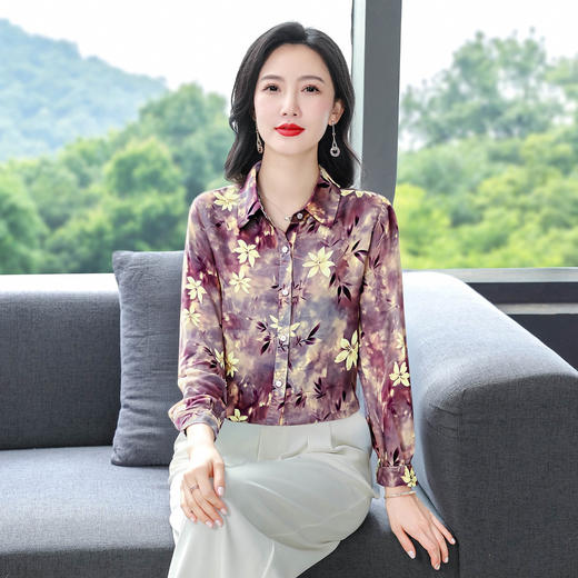 KQL E333M3291妈妈印花衬衫减龄大码长袖遮肉宽松洋气上衣 商品图3