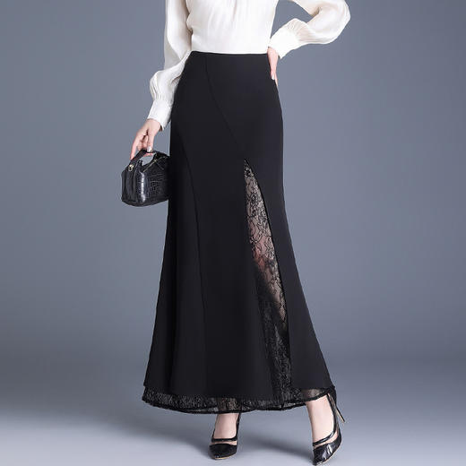 LDNS-2519-L蕾丝拼接时尚优雅鱼尾裙显瘦黑色洋气包臀裙春夏款高腰通勤半身裙 商品图0