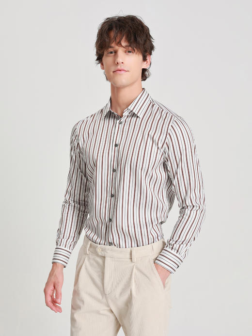 callisto燕麦卡其精梳长绒棉条纹衬衫 商品图3