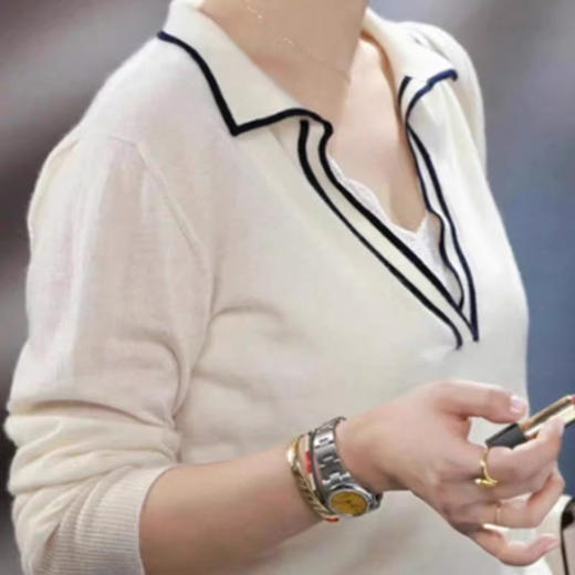 🔥重工款【撞色翻领蕾丝针织衫HJZXZ194】😍这件韩系重工花边衬衫一定要抢⏰万针刺绣工艺 精美立体花纹 法式腔调拿捏的死死的！ 商品图3