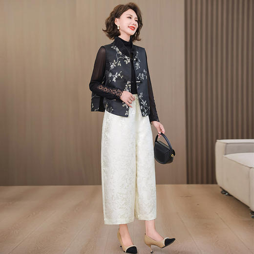 KQL422H81332025秋季新款休闲百搭花苞阔腿裤女时尚洋气马甲两件套 商品图1