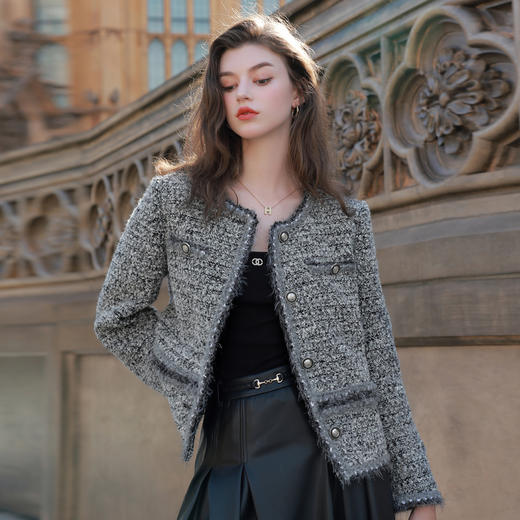 三彩2025冬季新款宽松优雅气质肌理感香风外套圆领上衣M 商品图2