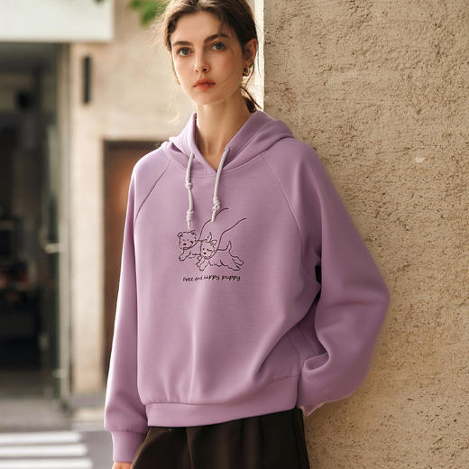 OLrain欧芮儿紫色连帽宽松卫衣2025秋季新款趣味卡通狗刺绣上衣 商品图0