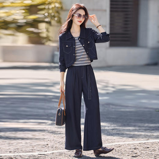 【预售3天】PY-2025夏季新款薄款拼接短袖上衣阔腿长裤天丝牛仔三件套装配腰带OSY&2507 商品图4