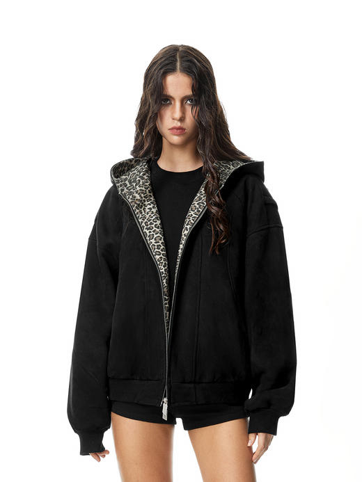 FDR官方店 豹纹麂皮夹克外套男女春秋季加厚美式情侣运动连帽上衣 商品图0