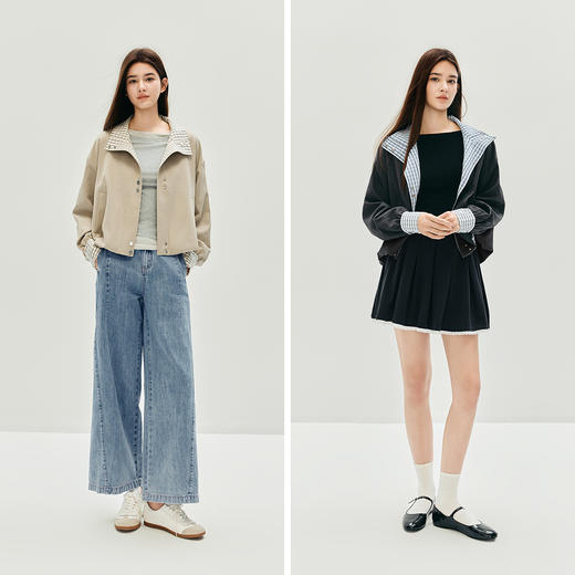 森马外套女秋季花苞拼接格子宽松立领2025新款复古风文艺通勤夹克 商品图4