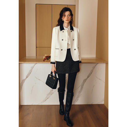 OLrain欧芮儿2025新款女秋季米白色撞色法式小香风粗纺外套上衣 商品图2