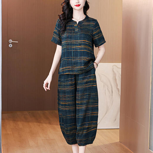 A34531高品质大码遮肚减龄夏季新款复古气质哈伦裤宽松洋气上衣两件套装 商品图1