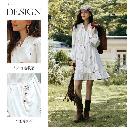 OLrain欧芮儿2025新款女秋季绣花白色法式度假连衣裙流苏绑带长裙 商品图1