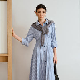 OLrain欧芮儿2025新款女秋季通勤蓝色条纹收腰衬衫连衣裙显示长裙