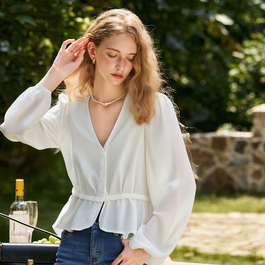 OLrain欧芮儿法式气质V领白色雪纺衫女秋季2025新款长袖开衫上衣 商品图3