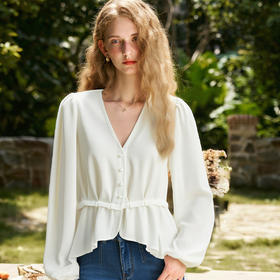 OLrain欧芮儿法式气质V领白色雪纺衫女秋季2025新款长袖开衫上衣
