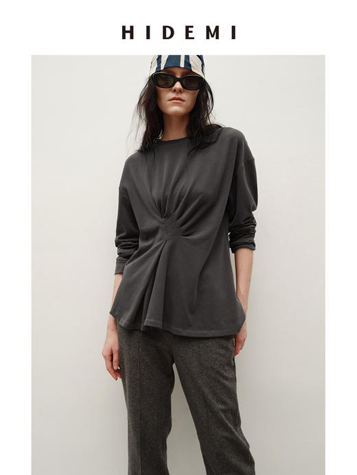 HIDEMI 极简圆领设计感不对称手工褶皱花苞垂顺亲肤棉氨弹力针织上衣 商品图3