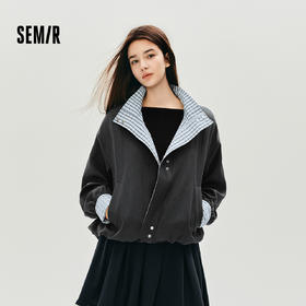 森马外套女秋季花苞拼接格子宽松立领2025新款复古风文艺通勤夹克