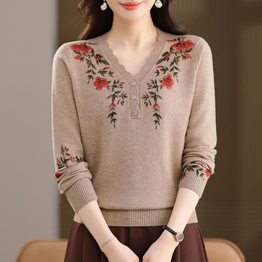 FCY SJ25826羊毛衫毛衣V领修身大码印花针织打底衫 商品图1